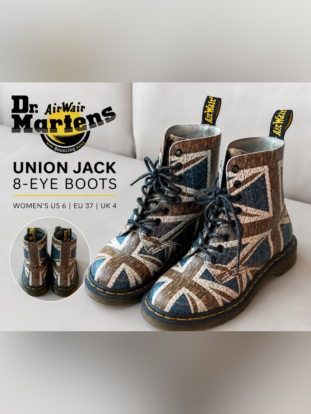 Dr. Martens Union Jack 8-Eye Combat Boots UK Flag Distressed Print Women’s US 6 - Picture 1 of 7